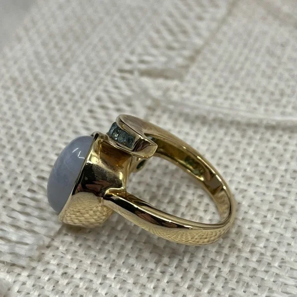 Vintage Estate Ring 925 Gold with Blue Chalcedony and Accent Stones - Picture 4 of 15